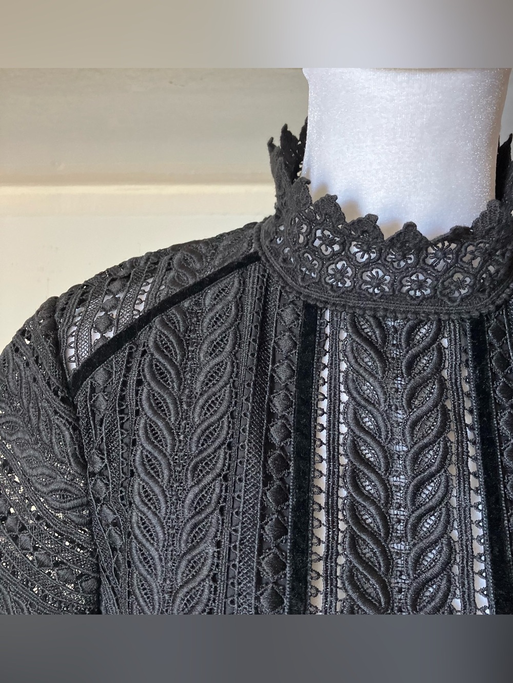 Perseverance London Black Lace Victorian High Neck Peplum Blouse Size 10 - Picture 8 of 11